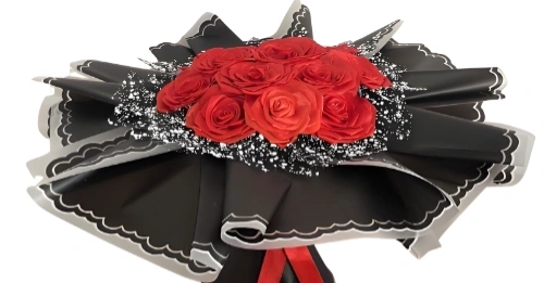 Handcrafted Eternal Love Red Ribbon Rose Bouquet with Premium Black ...
