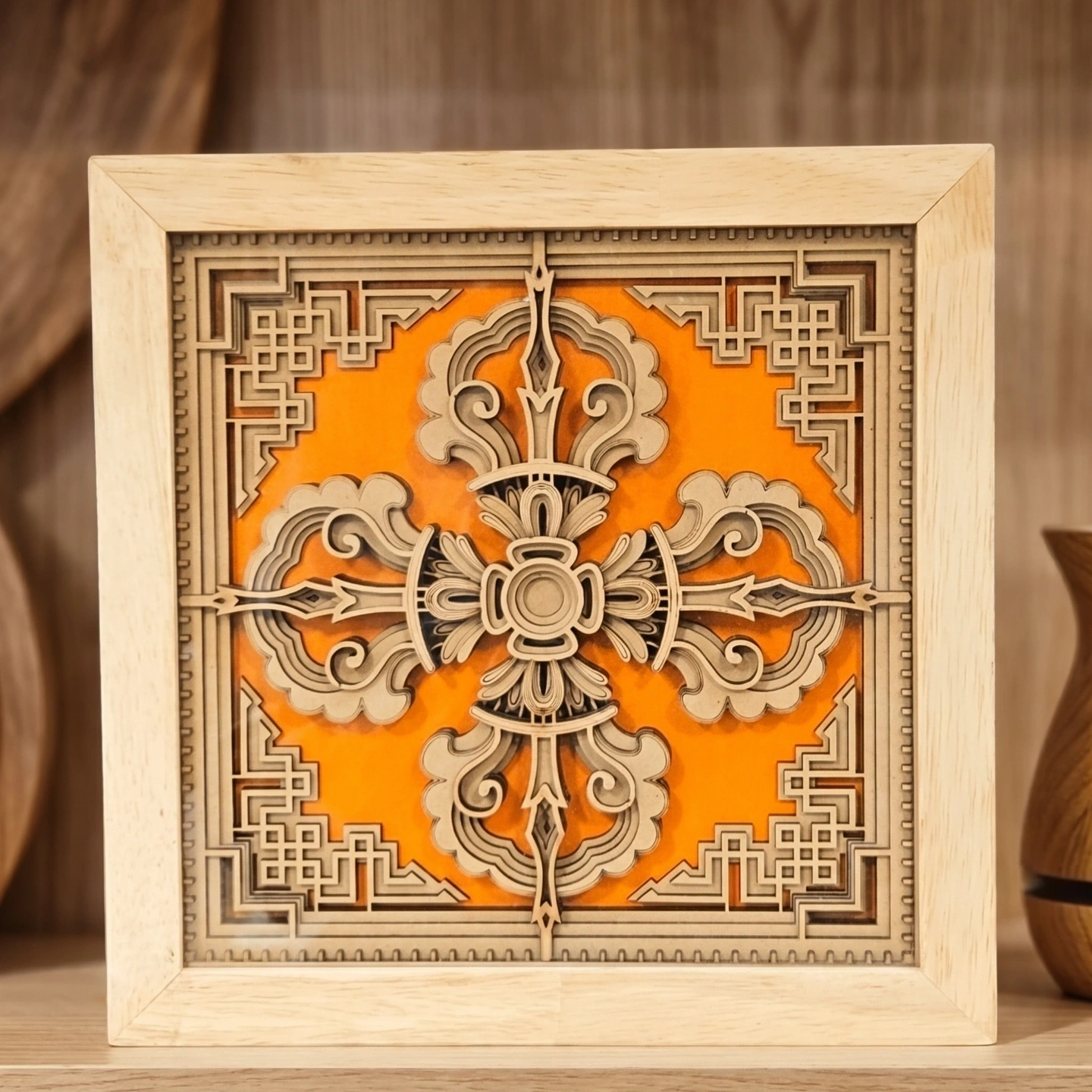 Ashtamangala Bajra Sacred Frame - Buddhist Vajra Wood Art from Nepal