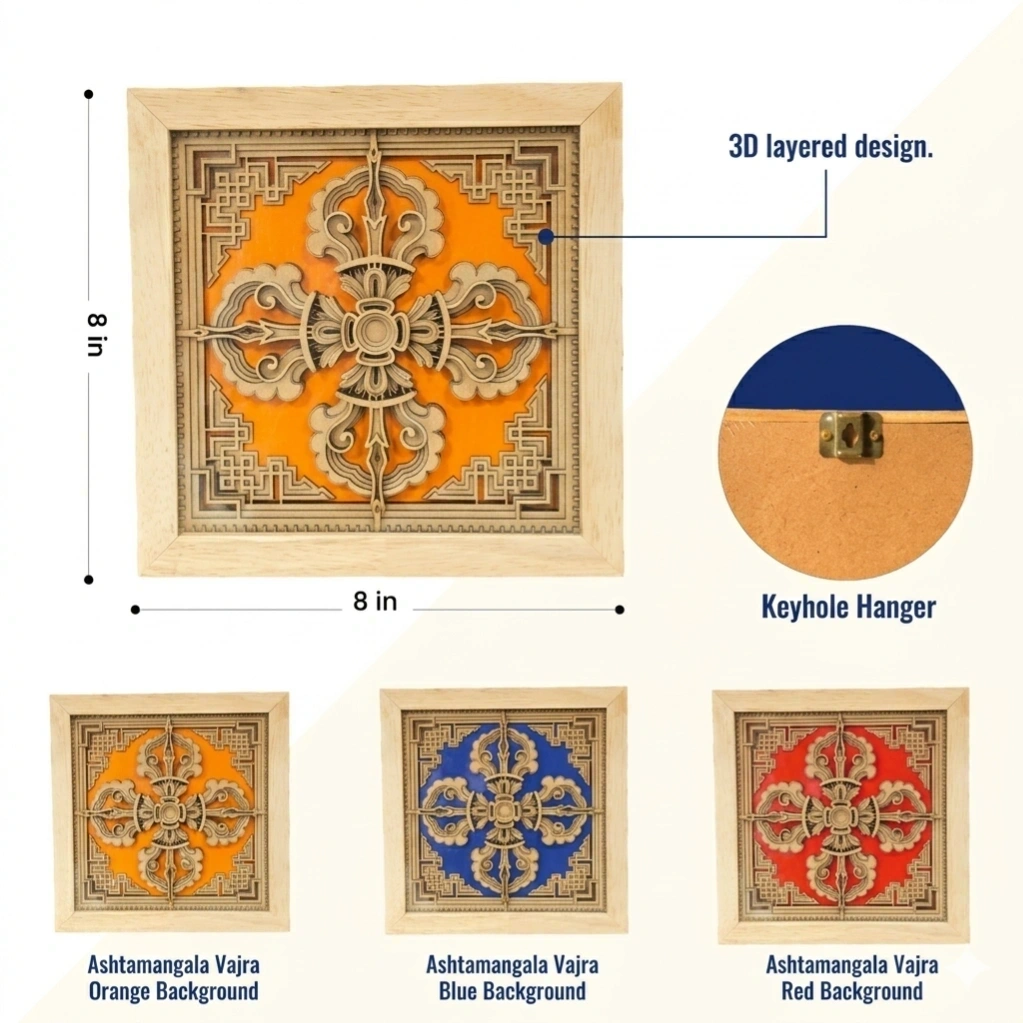 Ashtamangala Bajra Sacred Frame - Buddhist Vajra Wood Art from Nepal
