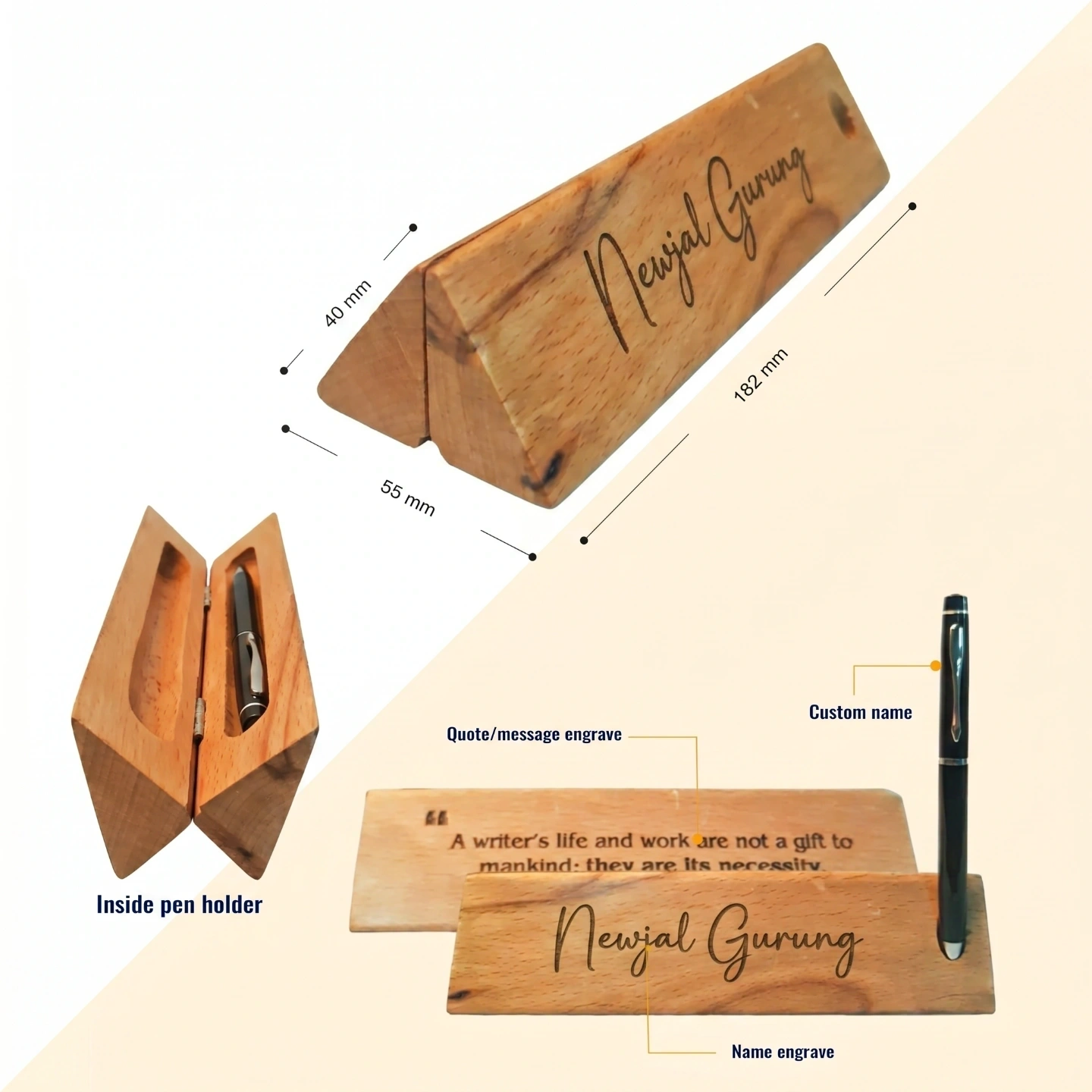 Personalized Wooden Triangle Desk Plaque with Pen