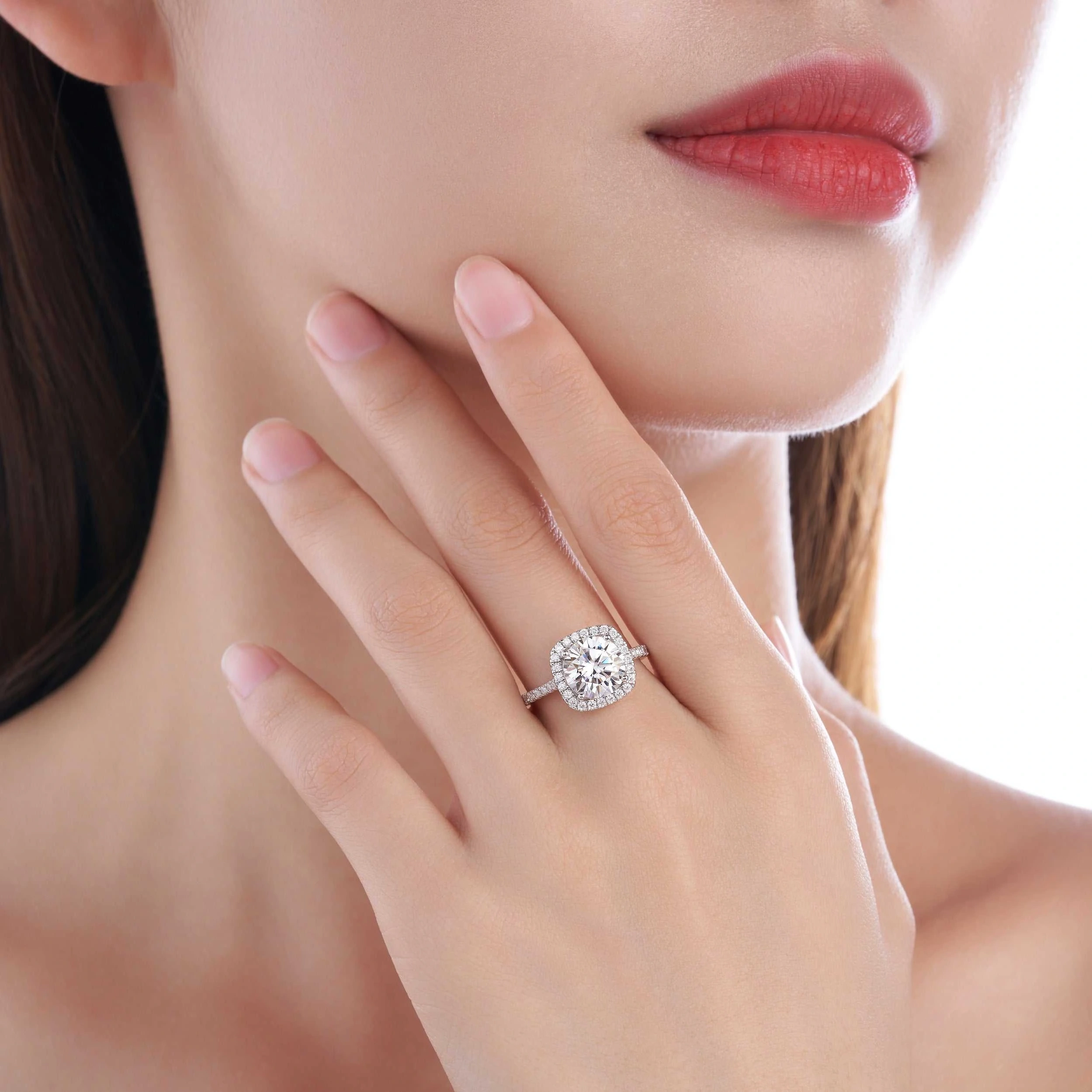 S925 Silver Square Shaped Halo Moissanite Wedding Ring