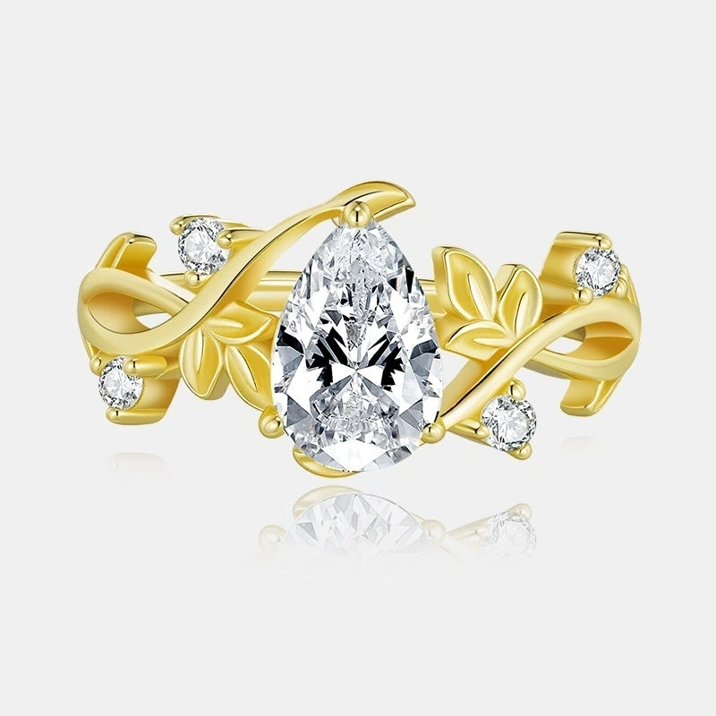 S925 Silver Gold-Plated Leaf & Vine Design VVS1 Moissanite Fine Jewelry Ring