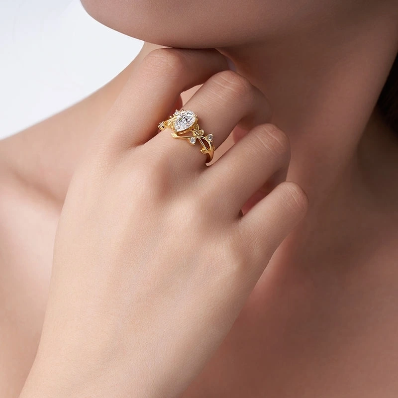 S925 Silver Gold-Plated Leaf & Vine Design VVS1 Moissanite Fine Jewelry Ring