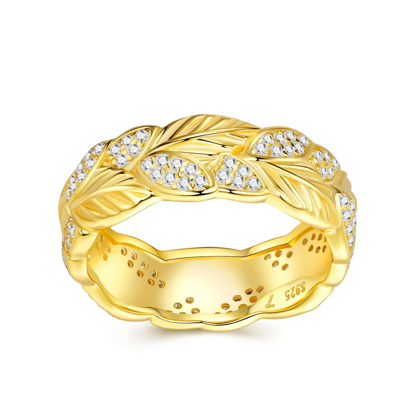 18K Gold Plated 925 Silver VVS Moissanite Wheat Leaf Pave Band Ring