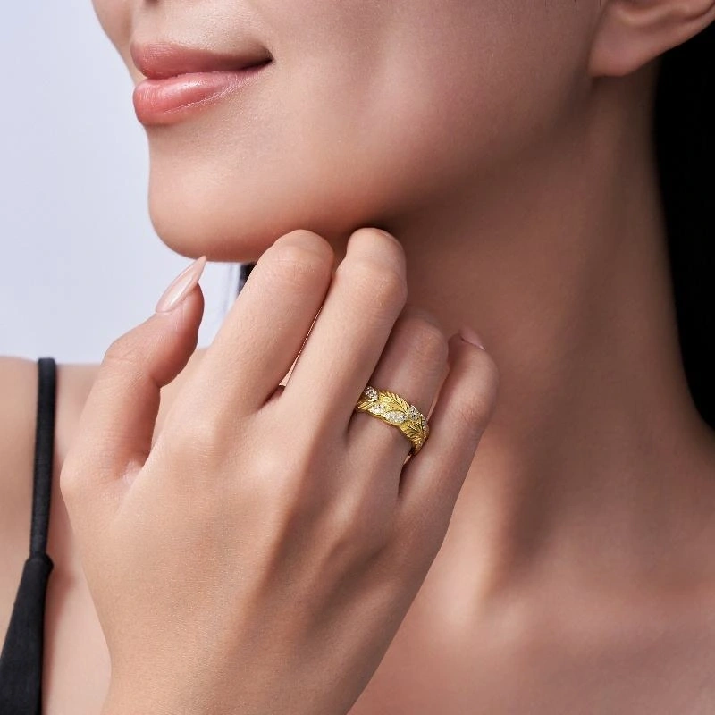 18K Gold Plated 925 Silver VVS Moissanite Wheat Leaf Pave Band Ring