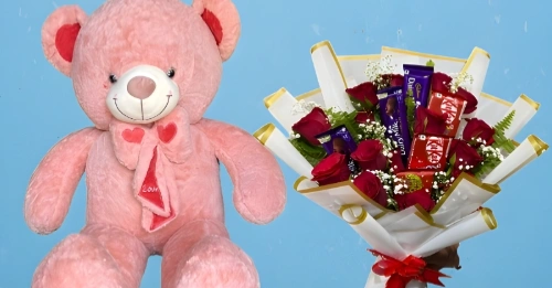 Express Your Love Combo featuring Pink Korean Teddy Bear and Luxurious ...