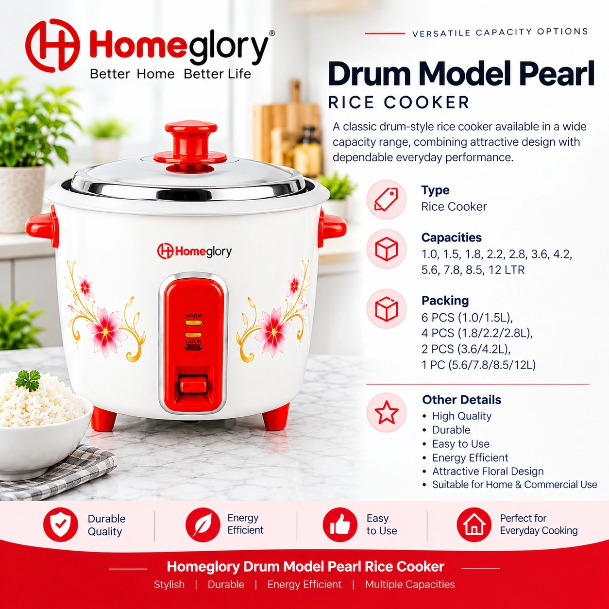 Homeglory Drum Model Pearl Rice Cooker 12L 2