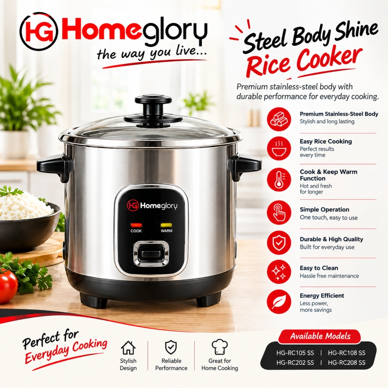 Homeglory Steel Body Shine Rice Cooker 1.5L 1