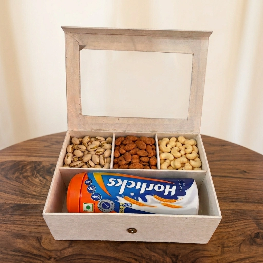 Luxury Malted Drink Powder & Premium Assorted Dry Fruits Wooden Gift Box Set 1