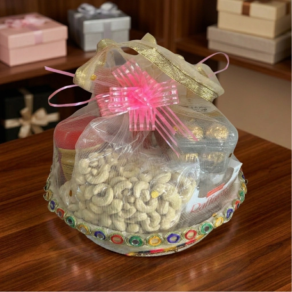 Luxury Assorted Dry Fruits & Chocolates Net-Wrapped Decorative Hamper Basket 1