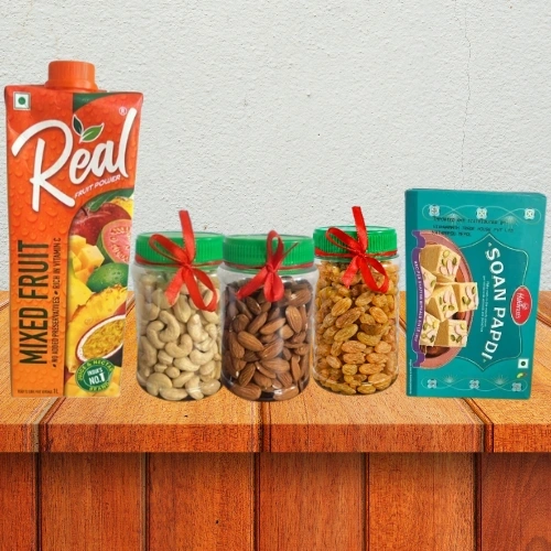 Premium Assorted Dry Fruits Jars, Sweets & Fruit Juice Gift Set 1