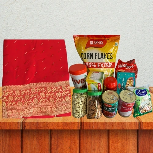 Luxury Crimson Saree, Gourmet Sweets & Dry Fruit Gift Hamper 1