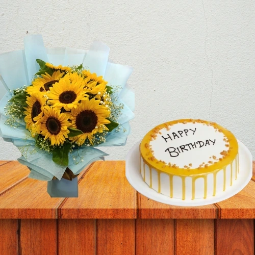 Luxury Sunflower Bouquet & Birthday Drip Cake Combo 1