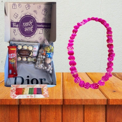 Luxury Bhai Tika Fine Chocolates, Gourmet Nut Selection & Designer Apparel Gift Hamper Box with Floral Garland & Tika 1
