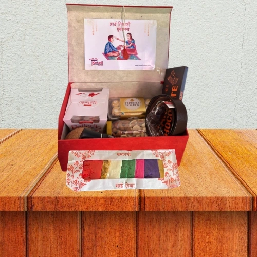 Luxury Bhai Tika Leather Accessories, Fine Chocolates, Gourmet Nut Selection & Coconut Gift Box with Floral Garland & Tika 1