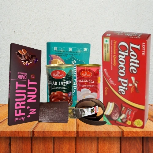 Luxury Assorted Sweets, Chocolates, Leather Wallet & Belt Gift Set 1