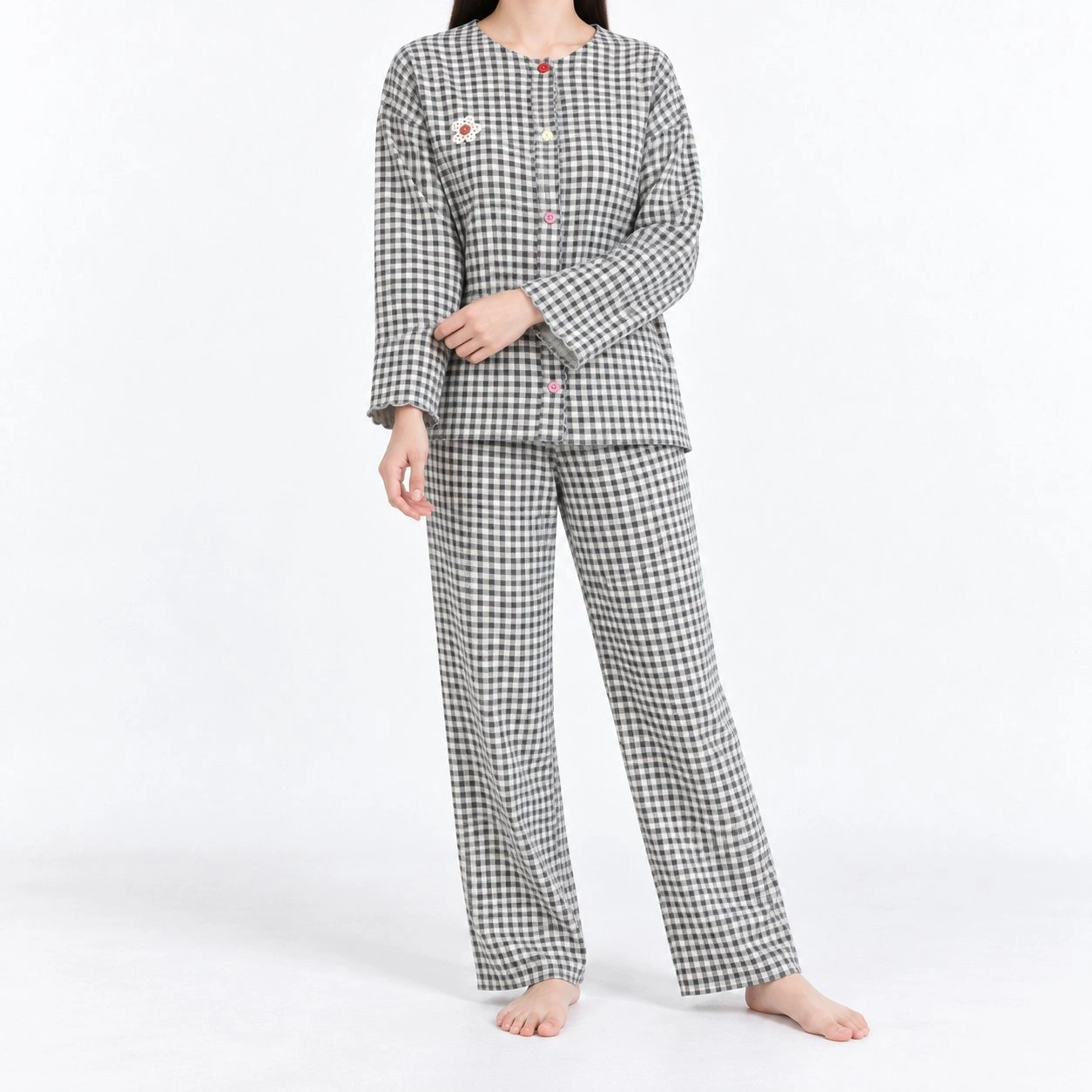 Checkered Button-Front Pajama Set 2