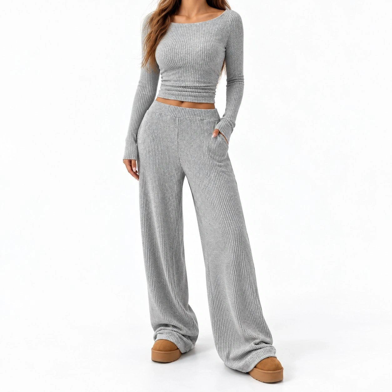 Ribbed Boat Neck Top & Wide-Leg Pants Set 1