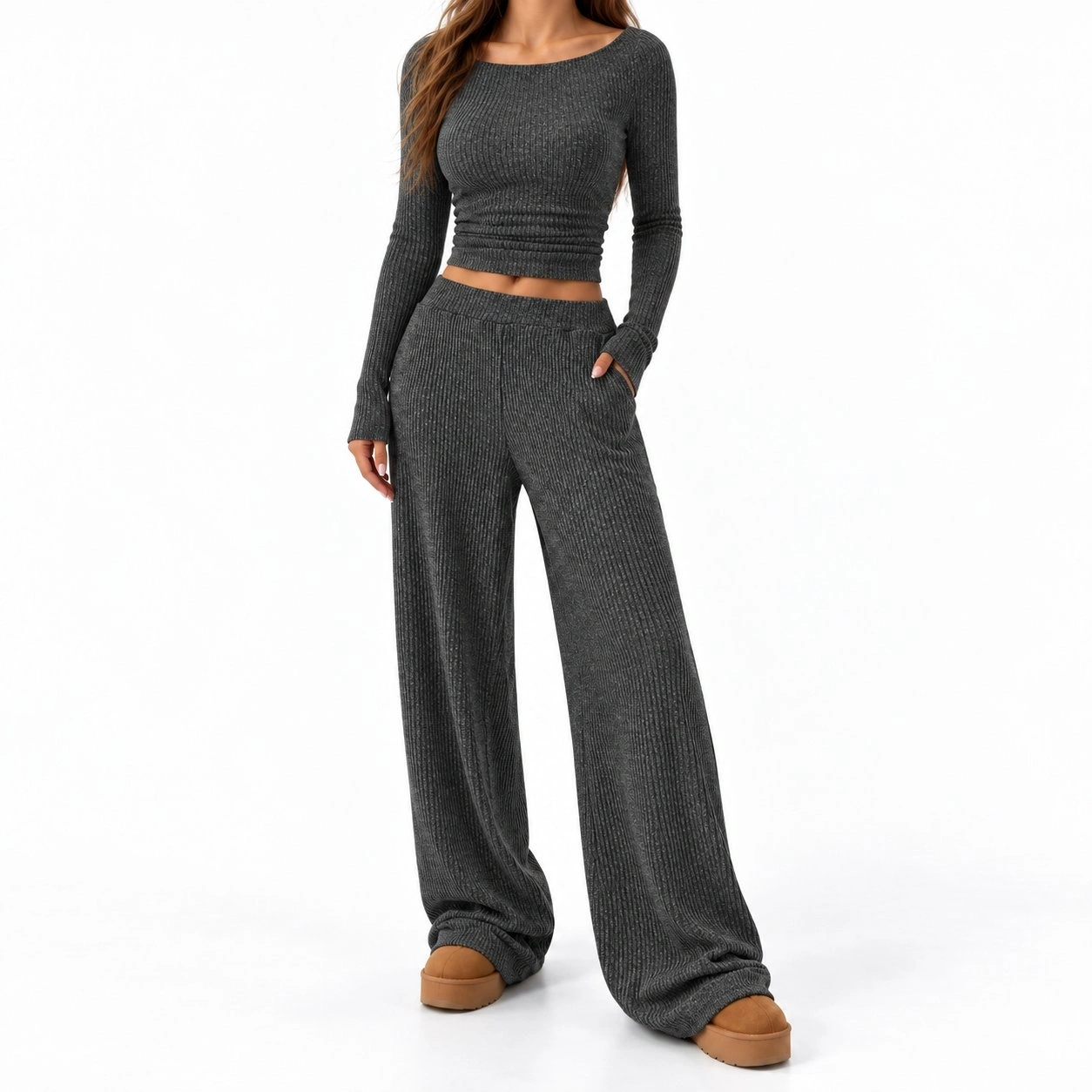 Ribbed Boat Neck Top & Wide-Leg Pants Set 2