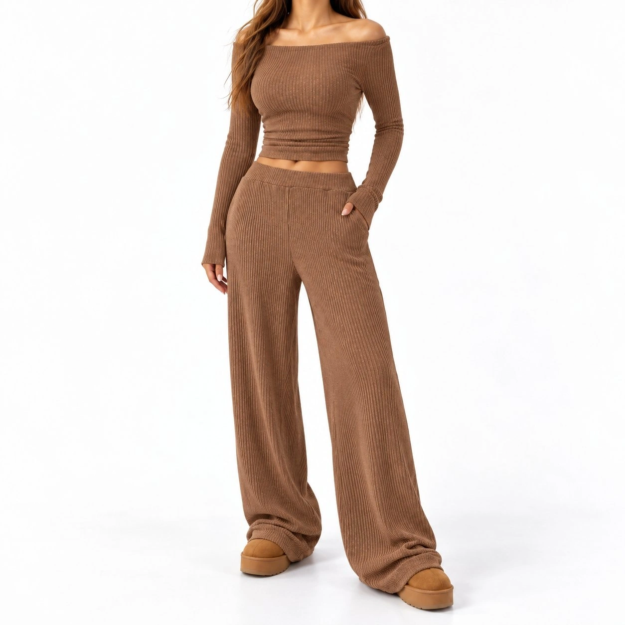 Ribbed Boat Neck Top & Wide-Leg Pants Set 3