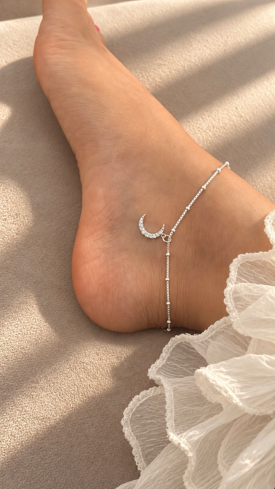 PURE SILVER CRESCENT MOON BALL ANKLET 1