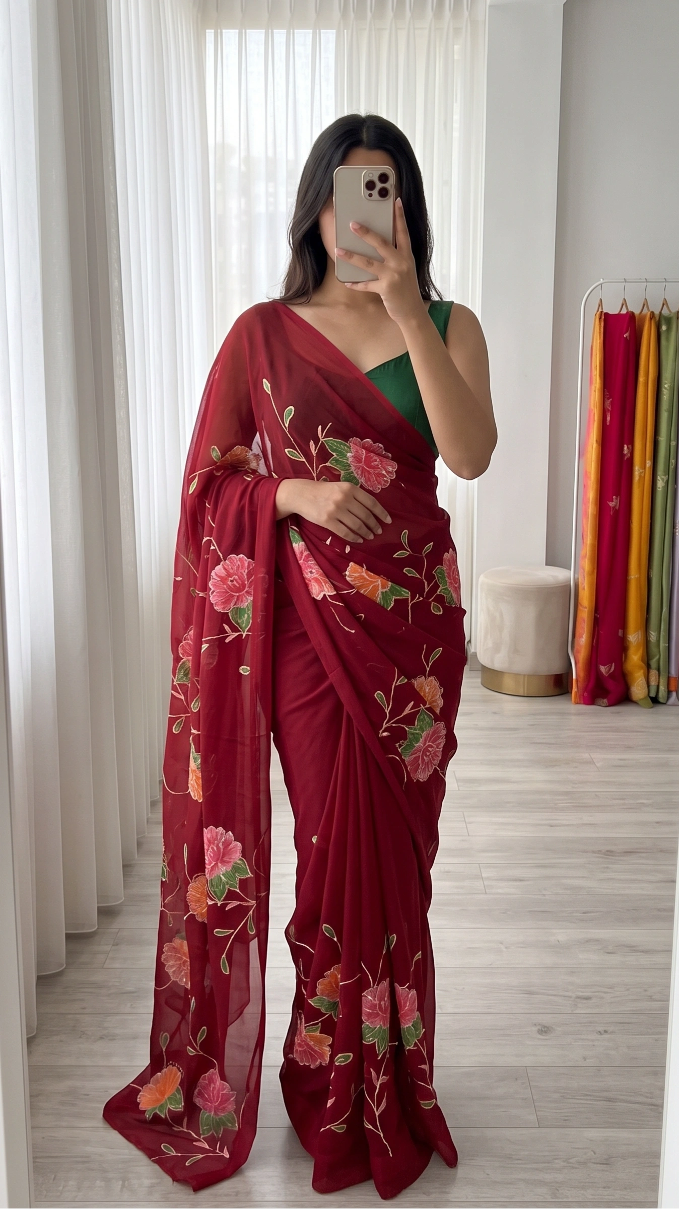 Red Chiffon Saree with Floral Print 1