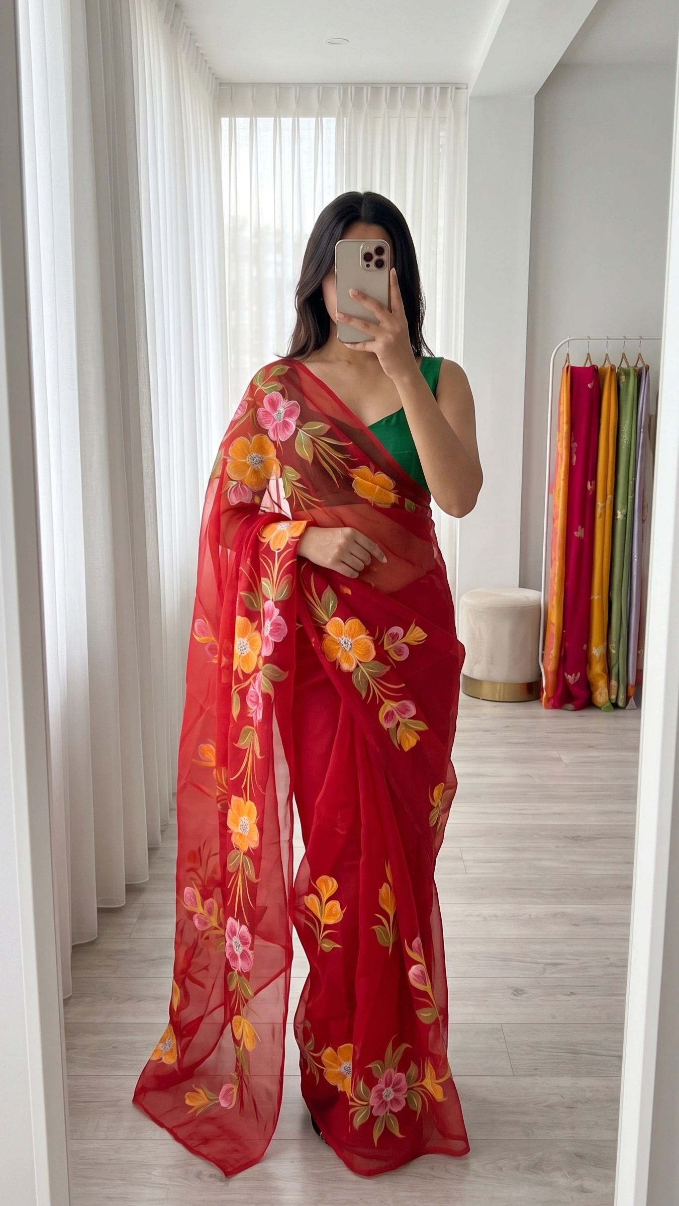 Red Chiffon Saree with Floral Print 1