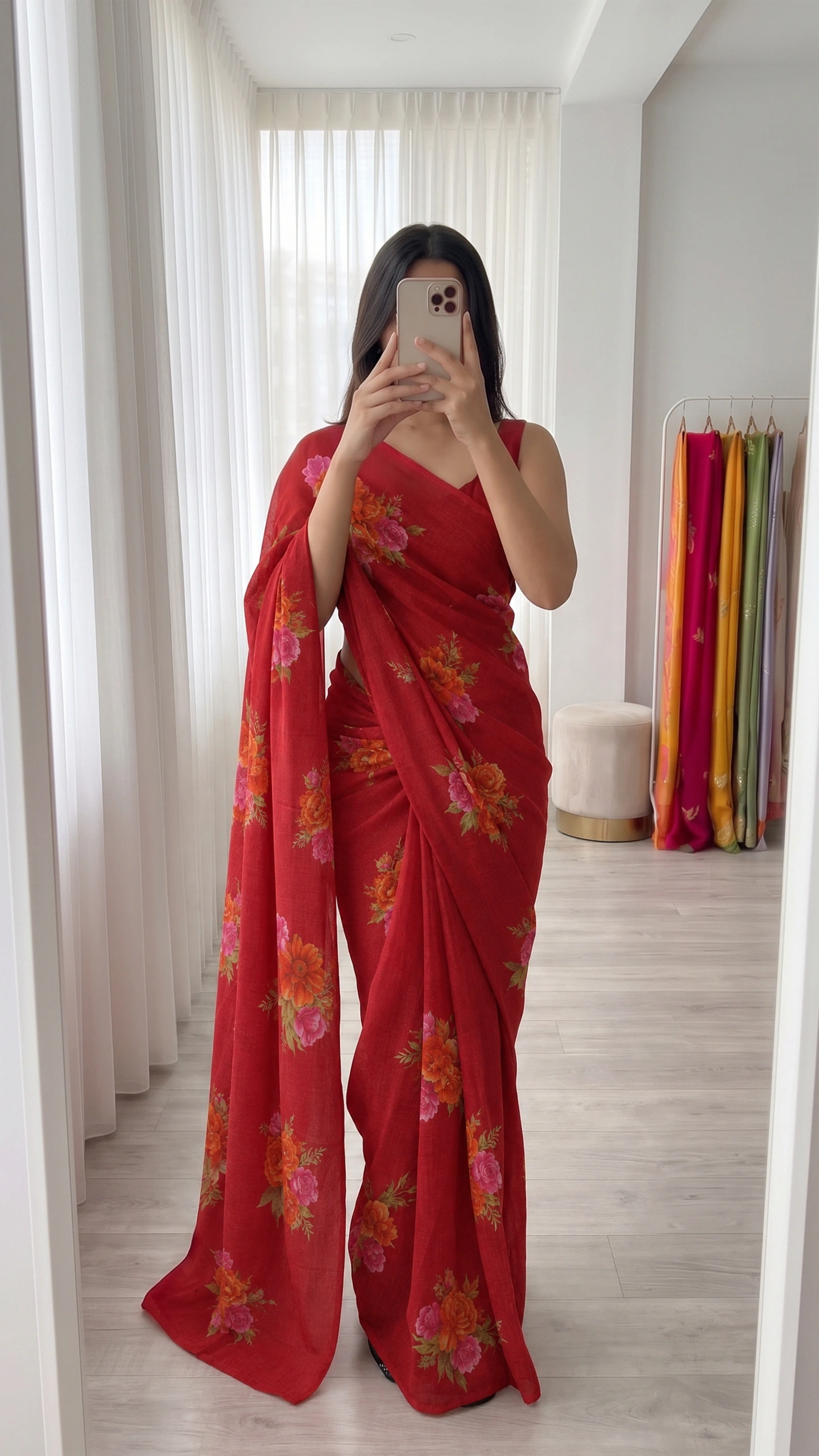 Red Chiffon Saree with Floral Print 1