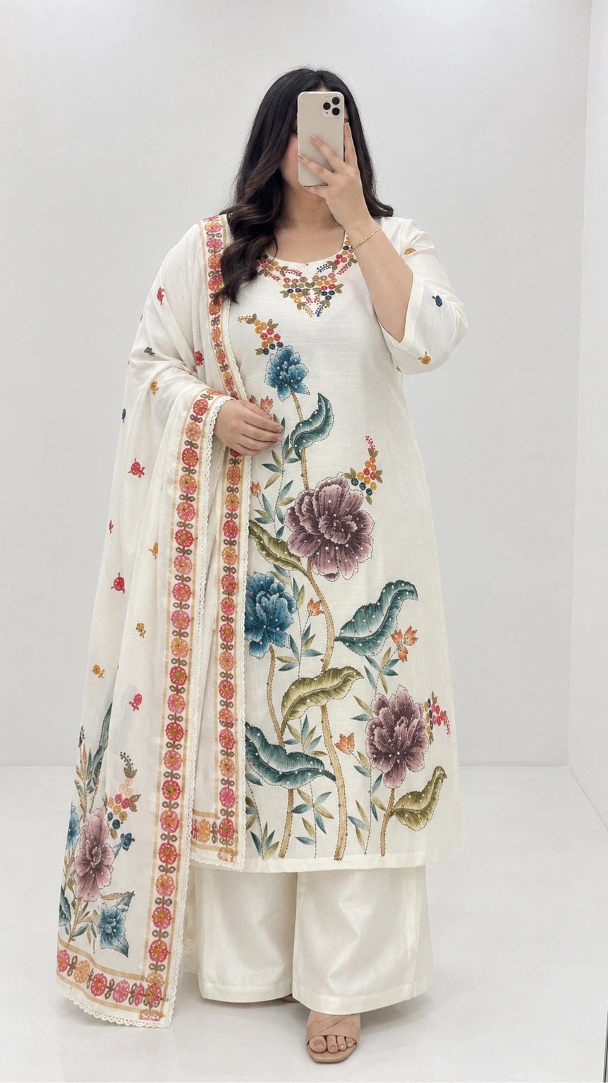 PLUS SIZE COLLECTION (White Floral Kurthi Set) 1