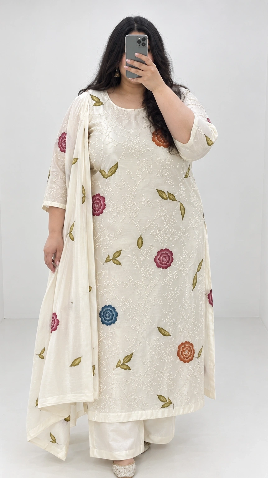 PLUS SIZE COLLECTION (Floral White Printed Kurthi Set) 1