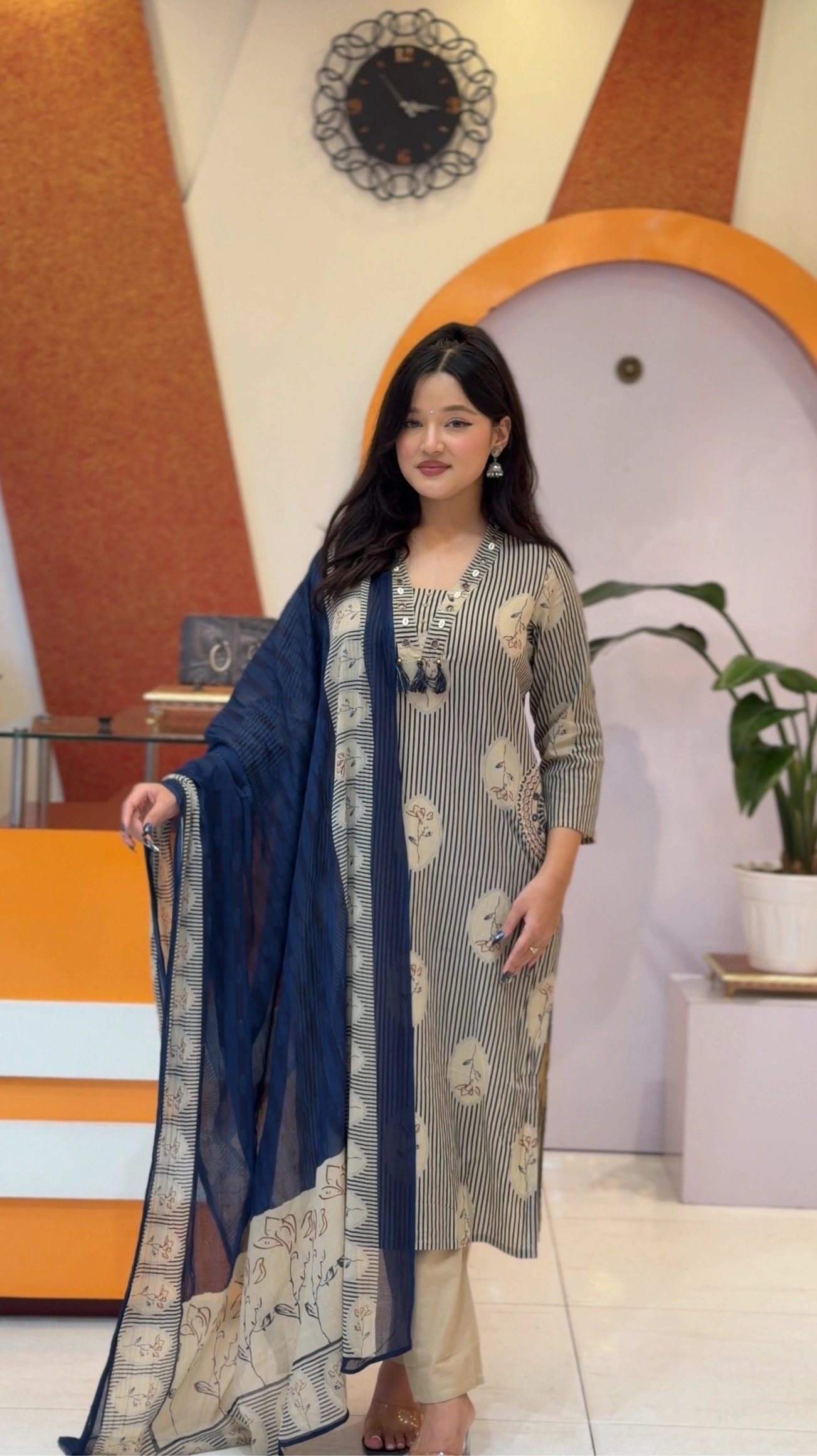 Striped Floral Print Pure Cotton Kurthi Set - Series M105 1