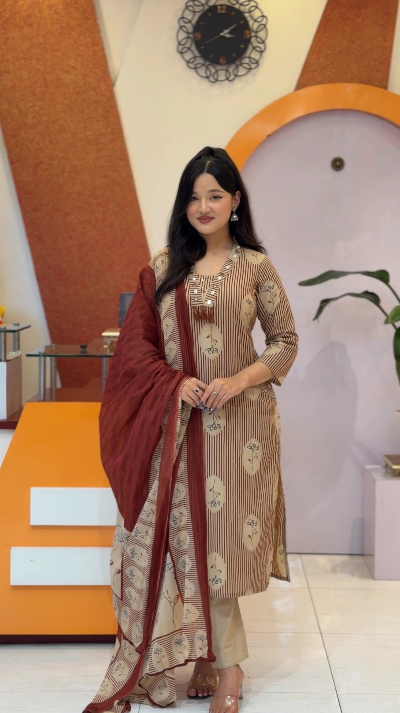 Striped Floral Print Pure Cotton Kurthi Set - Series M105 1