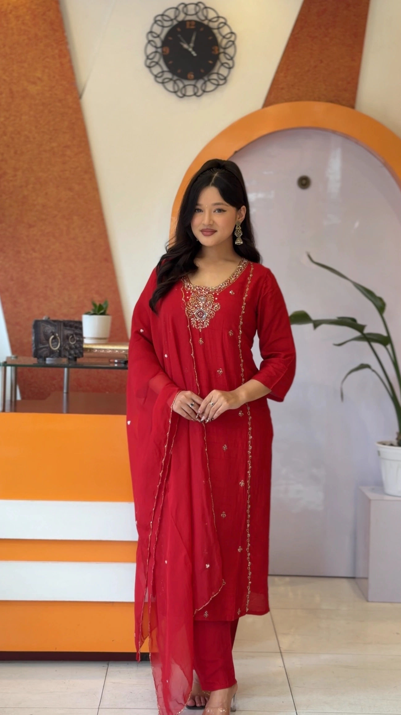 old-Embroidered Red Dola Silk Kurthi Set - Series M108 1