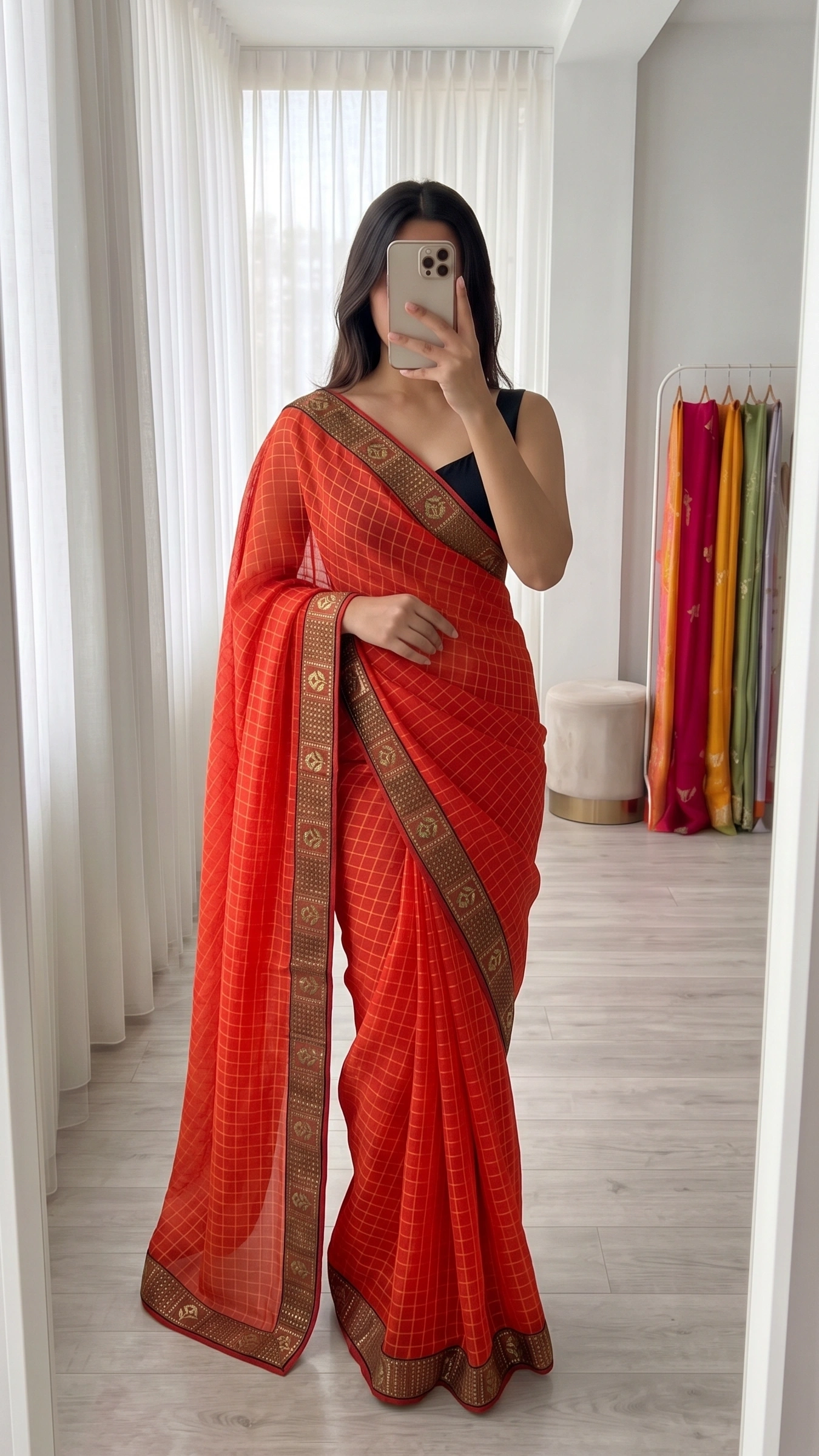Vibrant Coral-Red Tissue Saree 1
