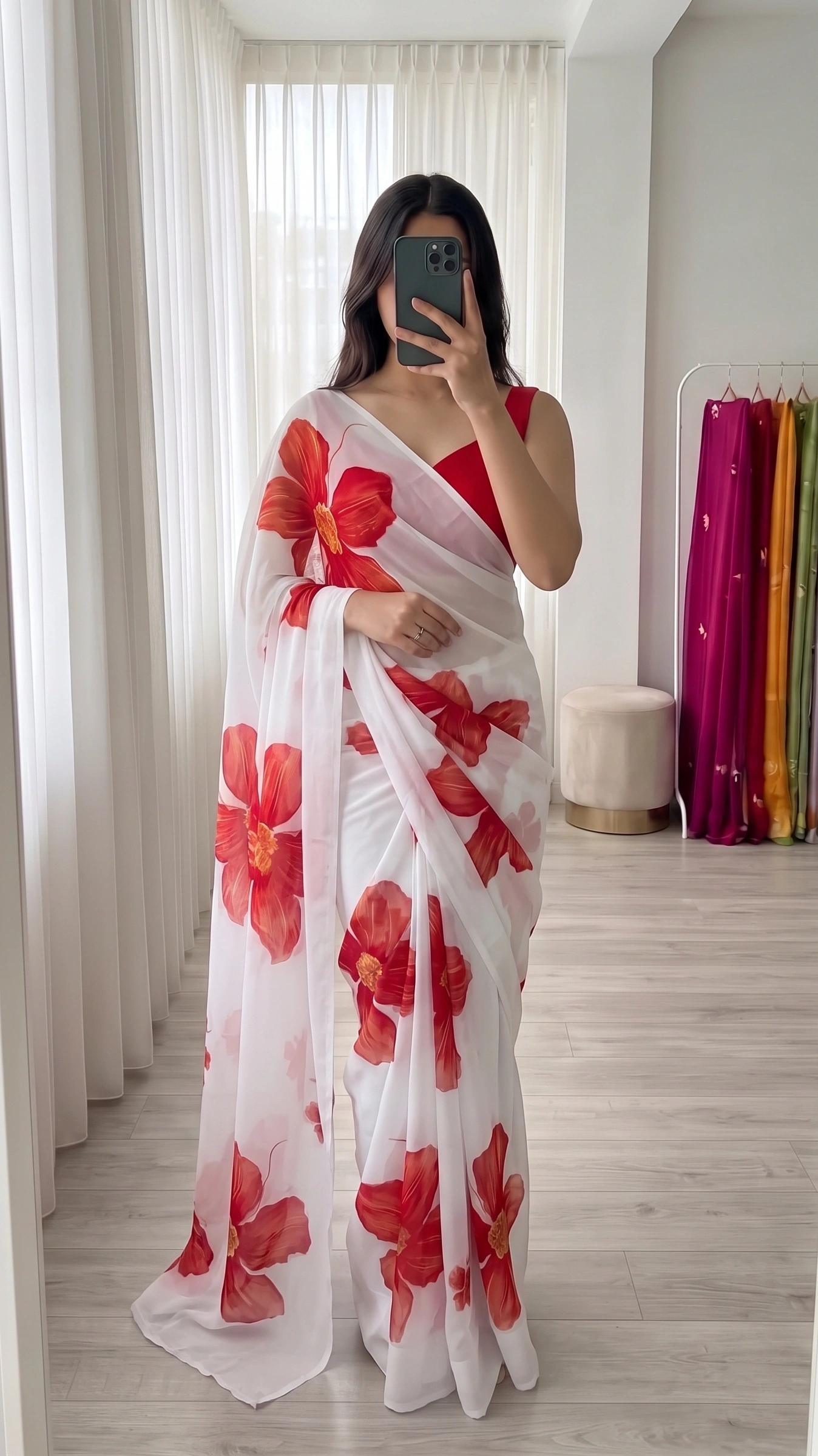 White Chiffon Saree with Red Floral Print 1