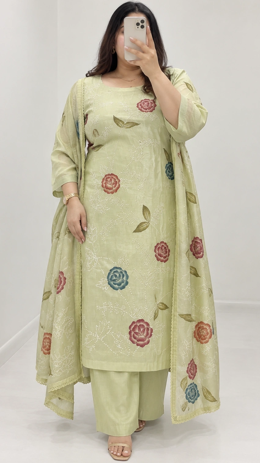 PLUS SIZE COLLECTION (PISTA GREEN FLORAL KURTHI SET) 1