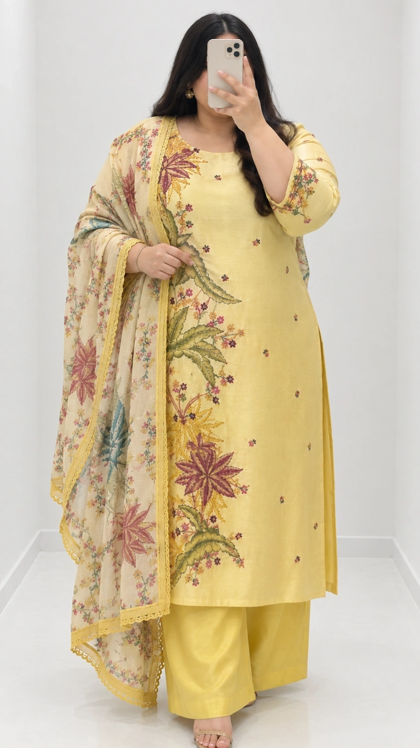 PLUS SIZE COLLECTION (Pastel Yellow Embroided Kurthi Set) 1