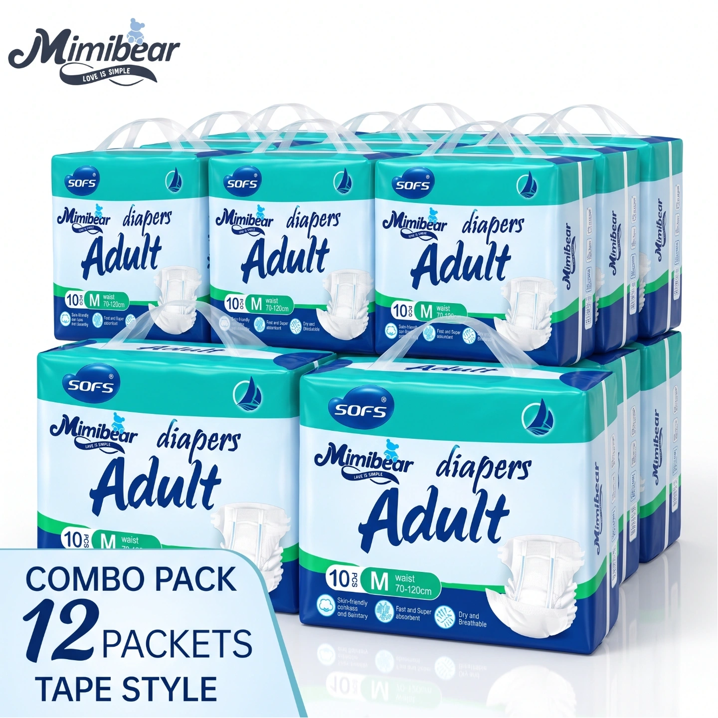MIMIBEAR SOFS PREMIUM ADULT DIAPER TAPE STYLE MEDIUM LARGE XL SIZE (PACK OF 12 DIAPERS) 1
