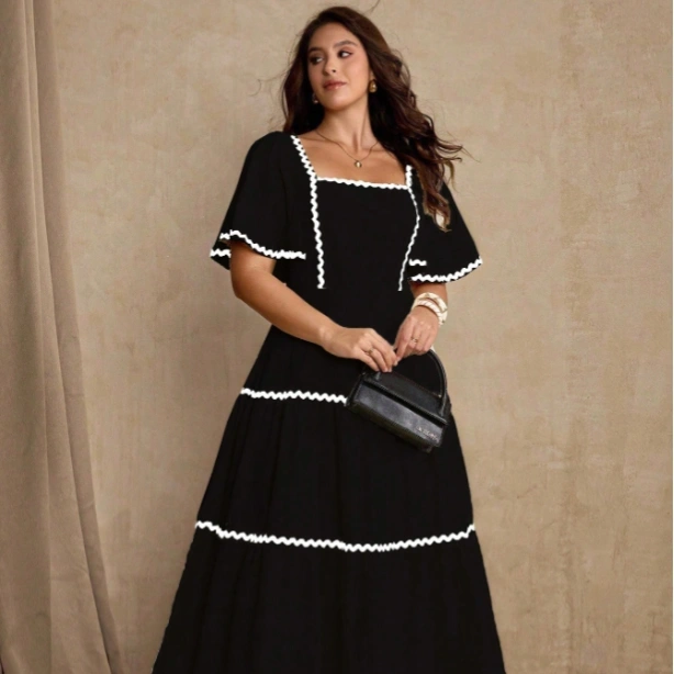 Women's Black And White Trim Waist Tiered Dress,Summer Elegant French Milkmaid Picnic Wedding Guest Vacation Holiday Tea Party Dresses 3
