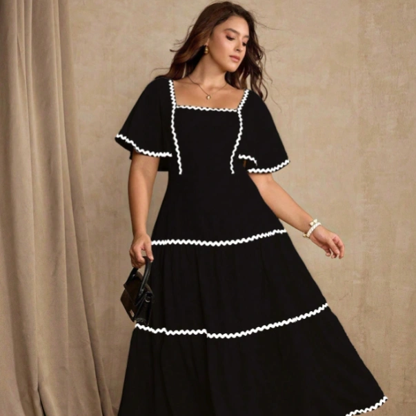 Women's Black And White Trim Waist Tiered Dress,Summer Elegant French Milkmaid Picnic Wedding Guest Vacation Holiday Tea Party Dresses 2