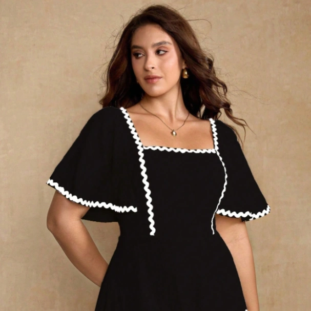 Women's Black And White Trim Waist Tiered Dress,Summer Elegant French Milkmaid Picnic Wedding Guest Vacation Holiday Tea Party Dresses 1