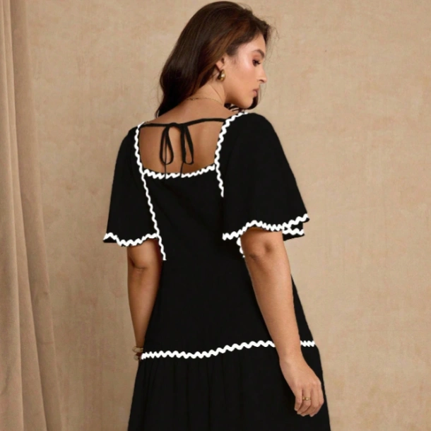 Women's Black And White Trim Waist Tiered Dress,Summer Elegant French Milkmaid Picnic Wedding Guest Vacation Holiday Tea Party Dresses 4