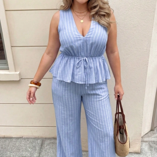 2pcs Women's Casual Vacation Set, Sleeveless Light Blue Tie Waist Top And Pants, Summer Women's 2-Piece Outfit, Women's Holiday Casual Wear Vacation 4