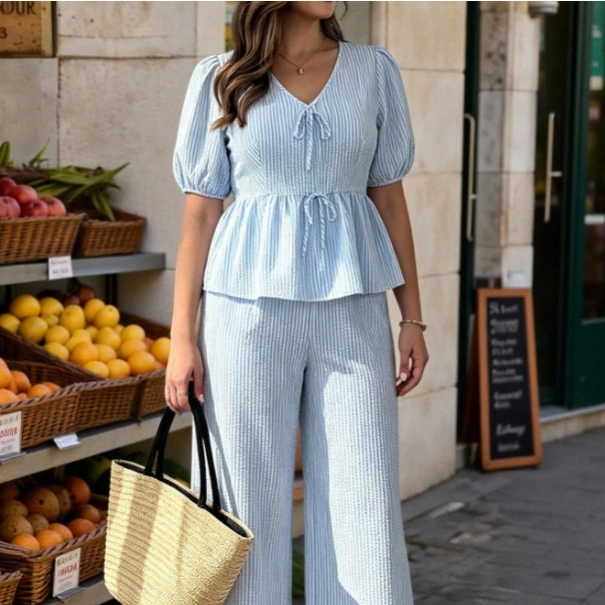 Plus Size Textured Fabric Sweet Fresh Pastoral Style Outdoor Casual Striped V-Neck Puff Sleeve A-Line Hem Bow Short Sleeve Top And Straight Leg Wide Leg Pants 2-Piece Set 4
