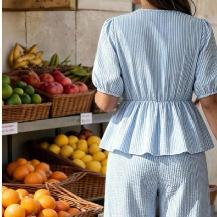 Plus Size Textured Fabric Sweet Fresh Pastoral Style Outdoor Casual Striped V-Neck Puff Sleeve A-Line Hem Bow Short Sleeve Top And Straight Leg Wide Leg Pants 2-Piece Set 3