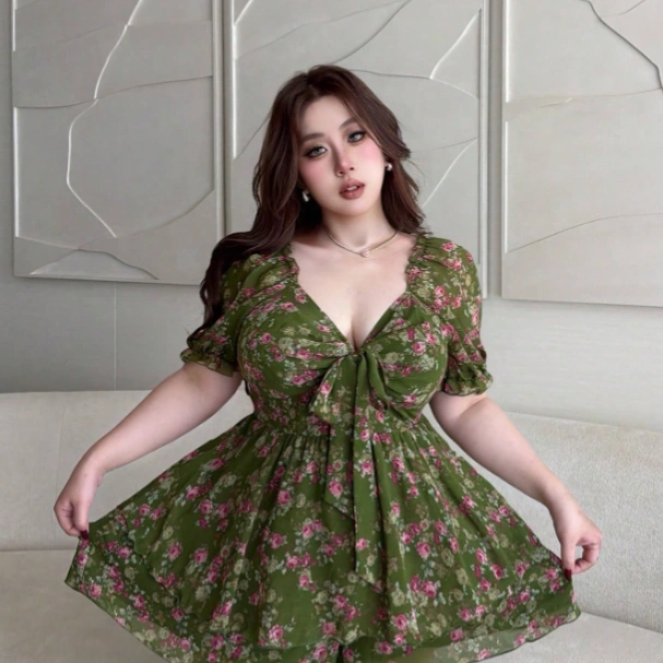 Plus Size Fashion Vintage Green Floral Bow Tie Cute Cinched Waist Jumpsuit Summer Casual Wear V-Neck Cute 1