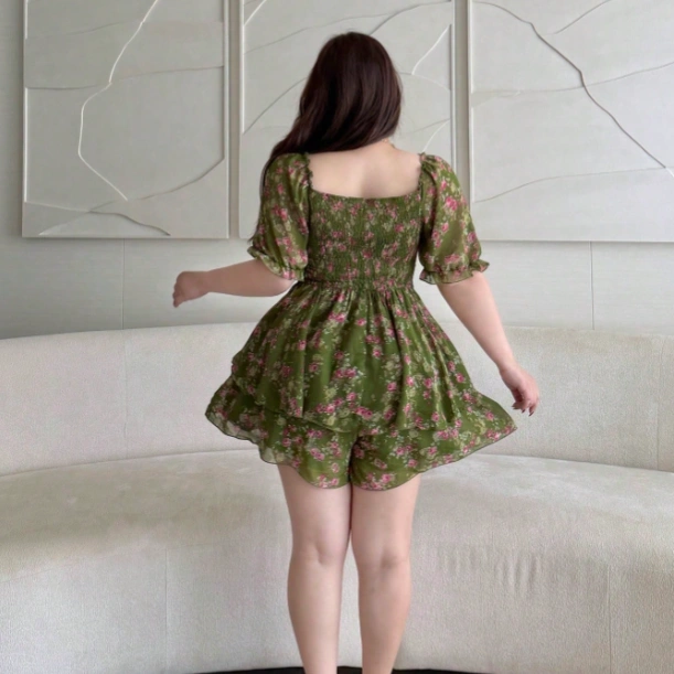 Plus Size Fashion Vintage Green Floral Bow Tie Cute Cinched Waist Jumpsuit Summer Casual Wear V-Neck Cute 3
