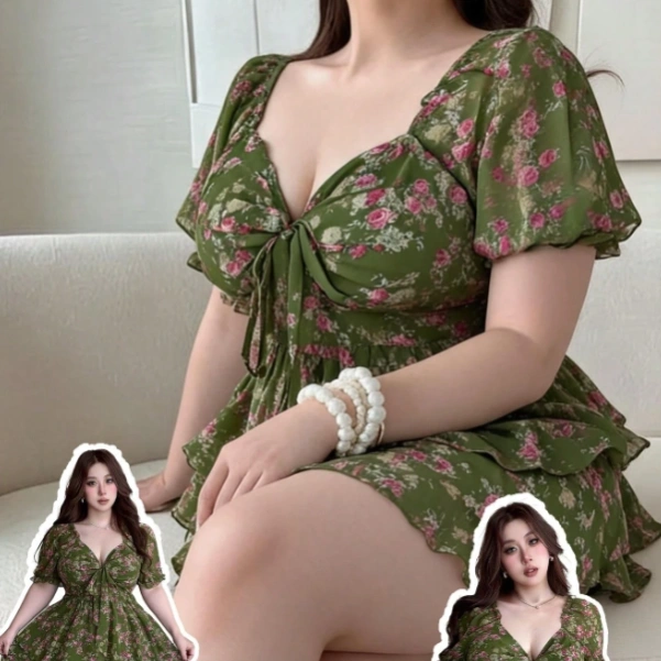 Plus Size Fashion Vintage Green Floral Bow Tie Cute Cinched Waist Jumpsuit Summer Casual Wear V-Neck Cute 2