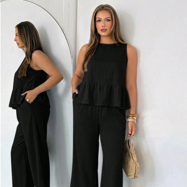 Casual Elegant Comfortable Black Plaid Checkered Sleeveless Pullover Ruffle Hem Loose Pockets Elastic Waist Wide Leg Pants Plus Size Set 1