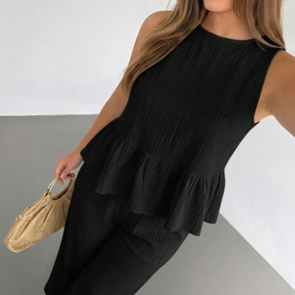 Casual Elegant Comfortable Black Plaid Checkered Sleeveless Pullover Ruffle Hem Loose Pockets Elastic Waist Wide Leg Pants Plus Size Set 2